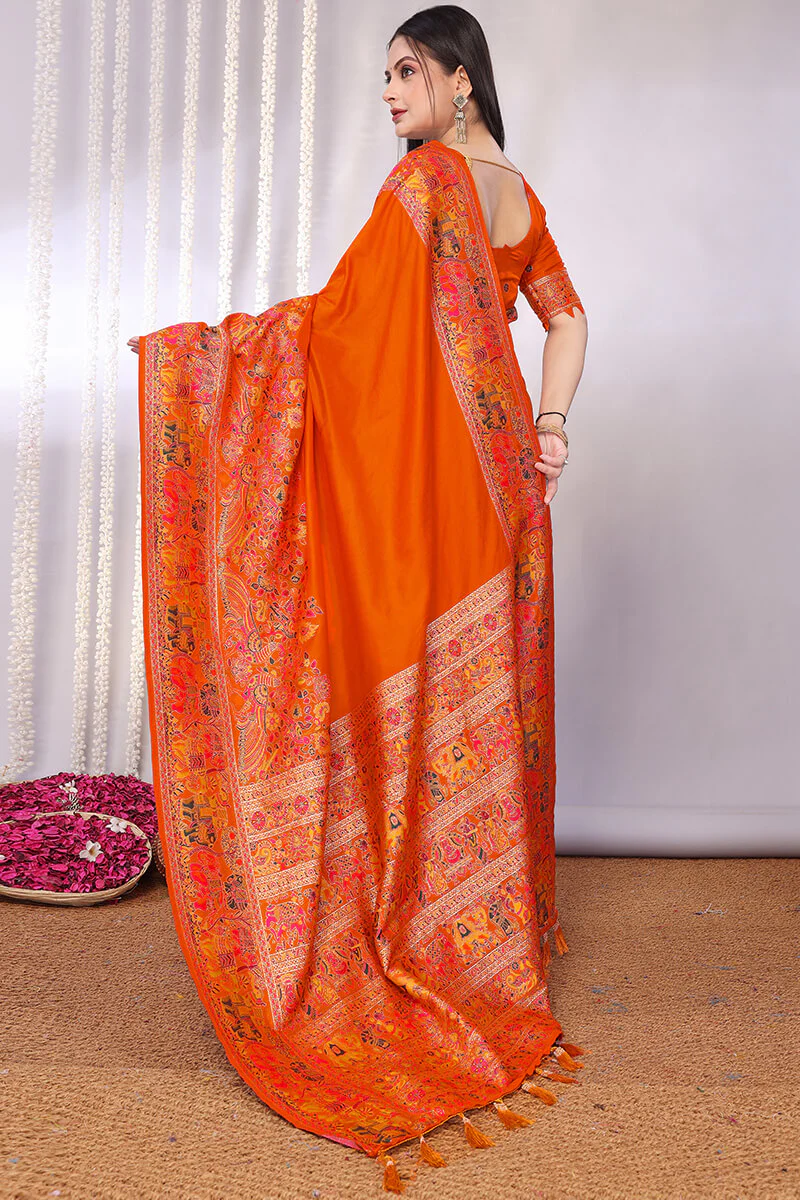 Vibrant Orange Pashmina Saree With Panache Blouse Piece - Image 5