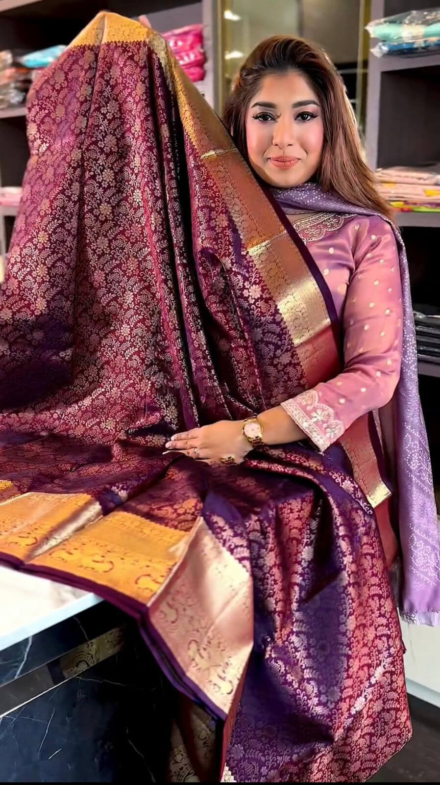 Vibrant Purple Soft Banarasi Silk Saree With Winsome Blouse Piece - Image 4
