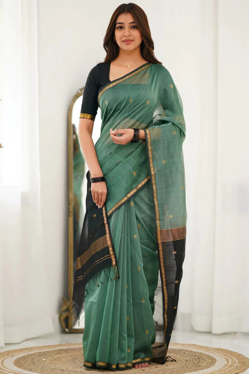 Vibrant Sea Green Cotton Silk Saree With Inimitable Blouse Piece - Image 3