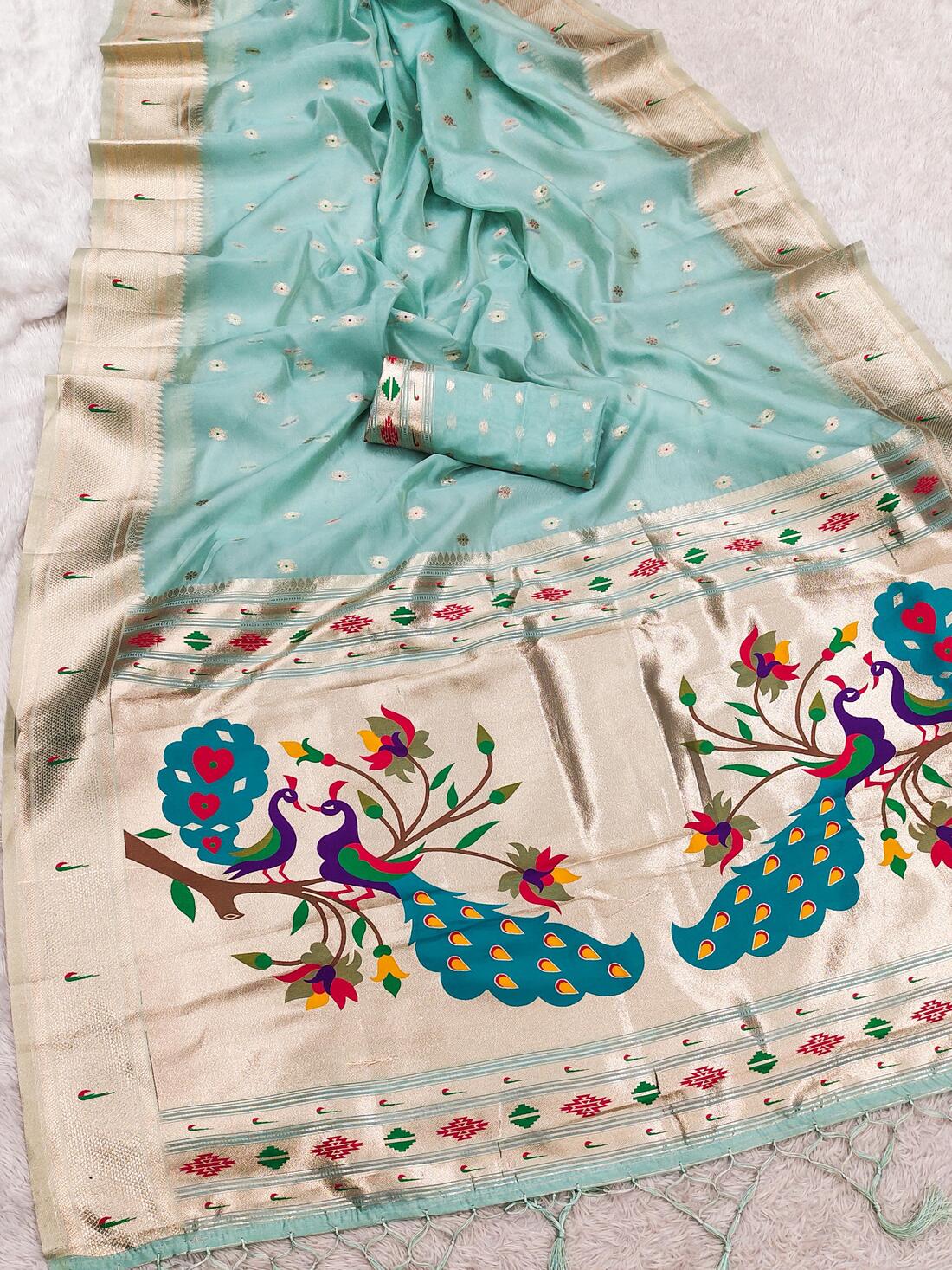 Vibrant Sky Paithani Silk Saree With Verdant Blouse Piece - Image 2