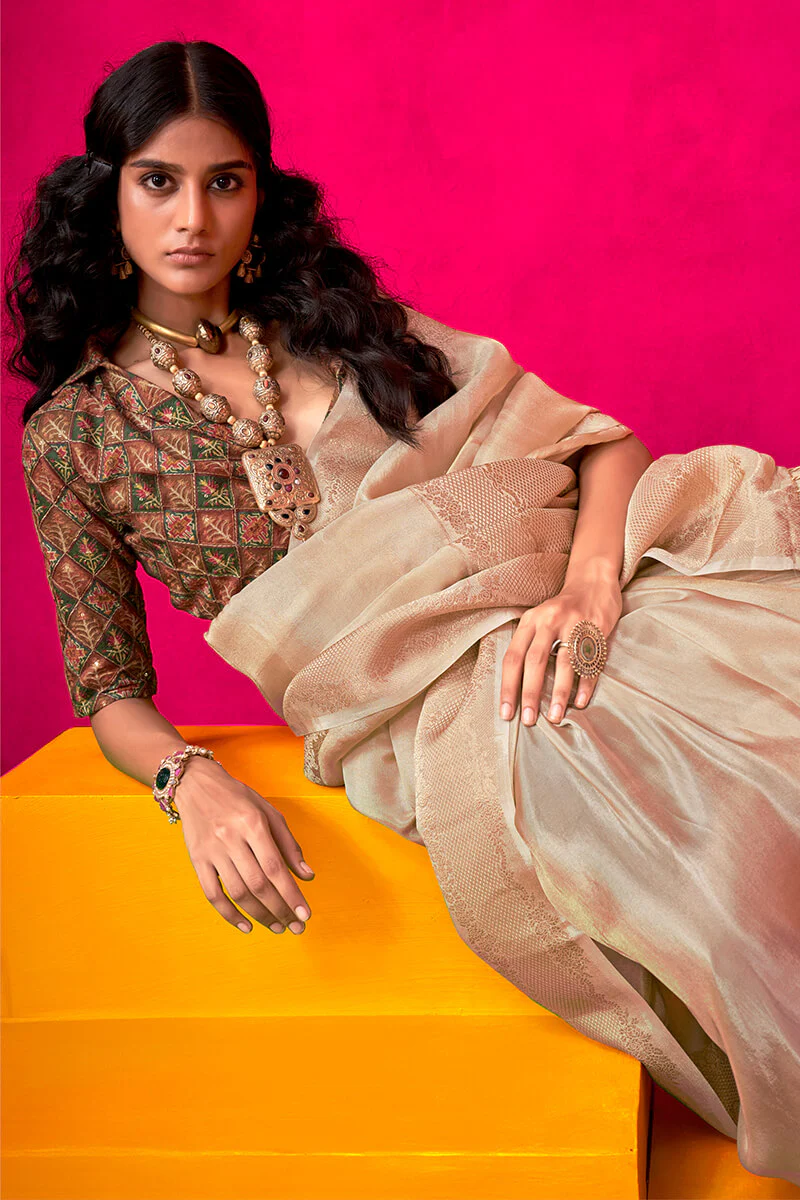 Vivacious Beige Soft Banarasi Tissue Silk Saree With Bewitching Blouse Piece - Image 3