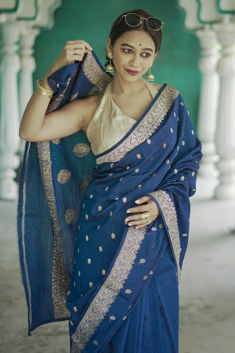 Vivacious Blue Linen Silk Saree With Captivating Blouse Piece - Image 5