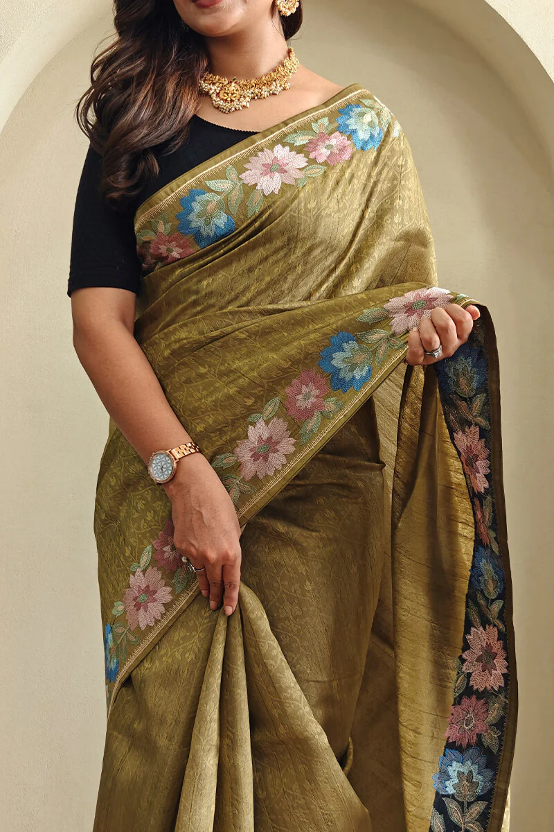 Vivacious Green Embroidery Work Tussar Silk Saree With Improbable Blouse Piece - Image 4