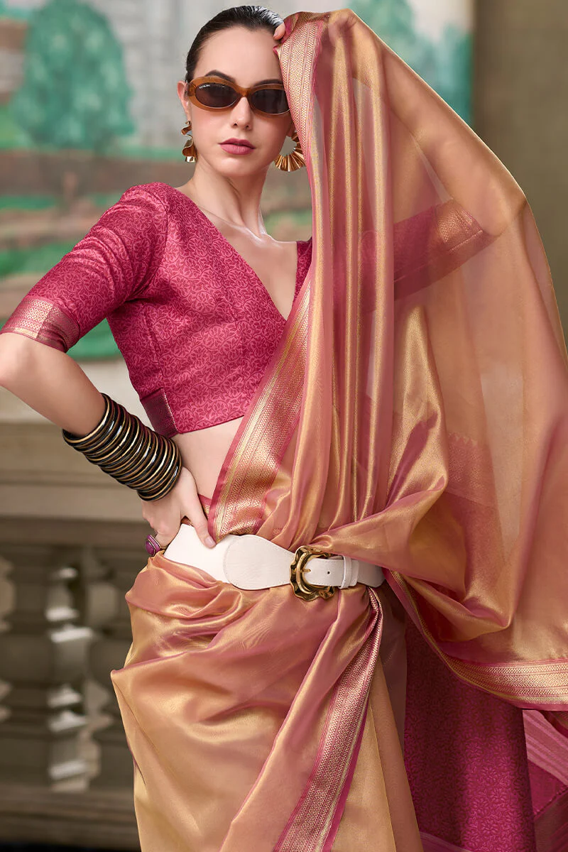 Vivacious Light Brown Soft Tissue Silk Saree With Panache Blouse Piece - Image 2