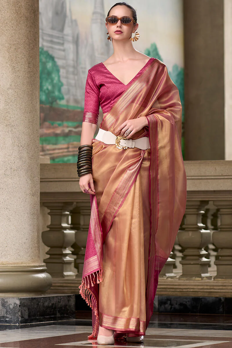 Vivacious Light Brown Soft Tissue Silk Saree With Panache Blouse Piece - Image 3