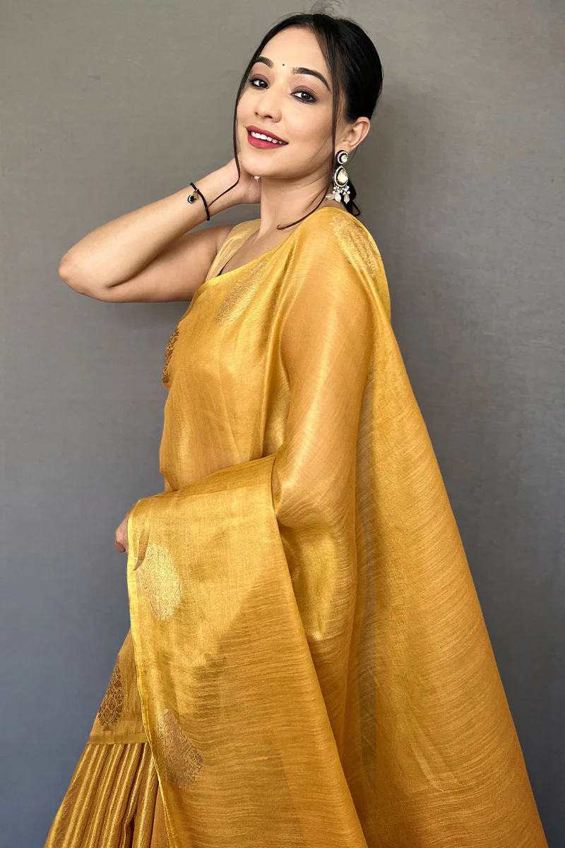 Vivacious Mustard Soft Banarasi Tissue Silk Saree With Inimitable Blouse Piece - Image 2