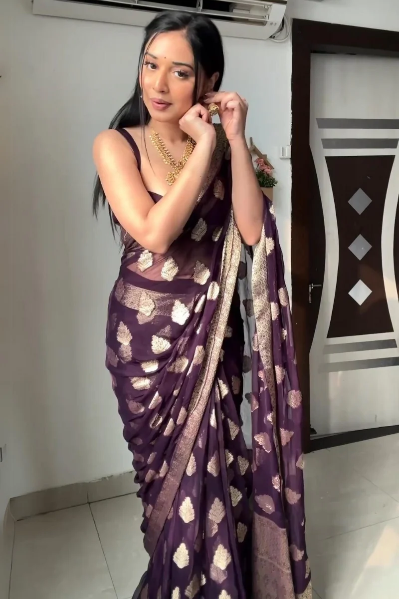 Whimsical 1-Minute Ready To Wear Dark Purple Cotton Silk Saree - Image 2