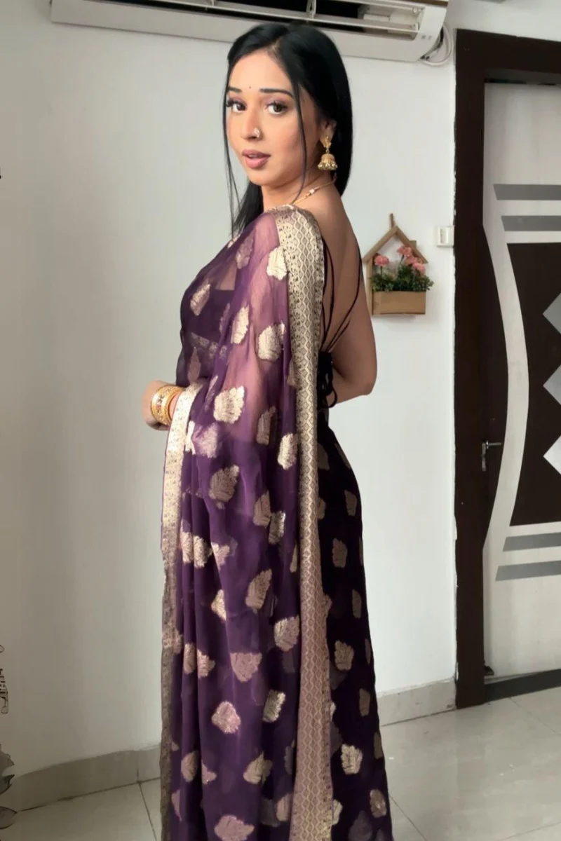 Whimsical 1-Minute Ready To Wear Dark Purple Cotton Silk Saree - Image 5