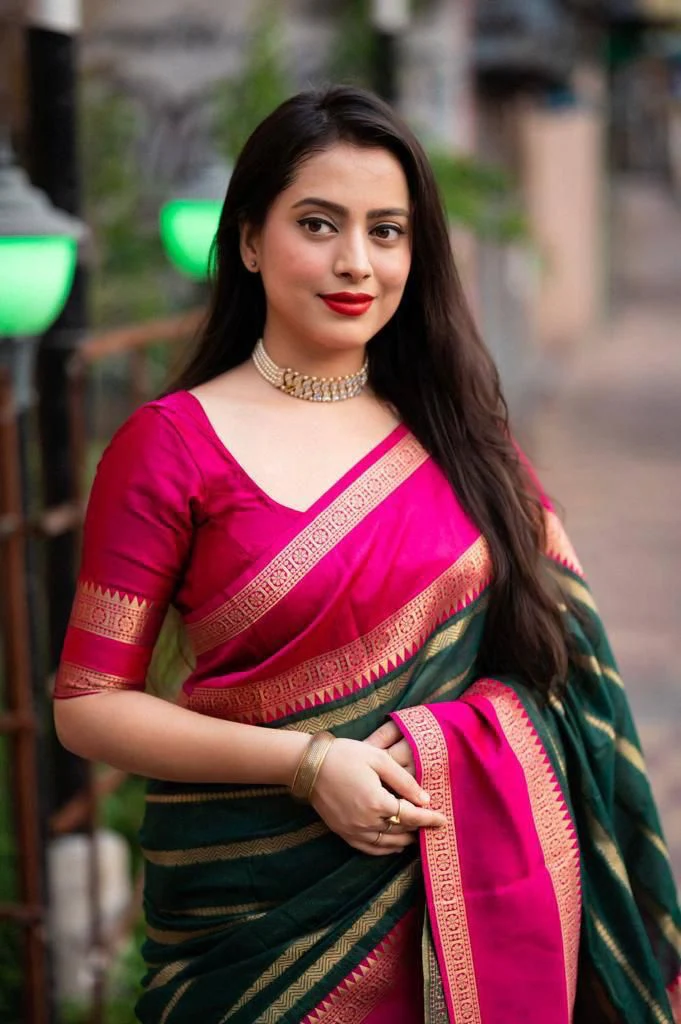 Whimsical Dark Green Soft Silk Saree With Beguiling Blouse Piece - Image 3
