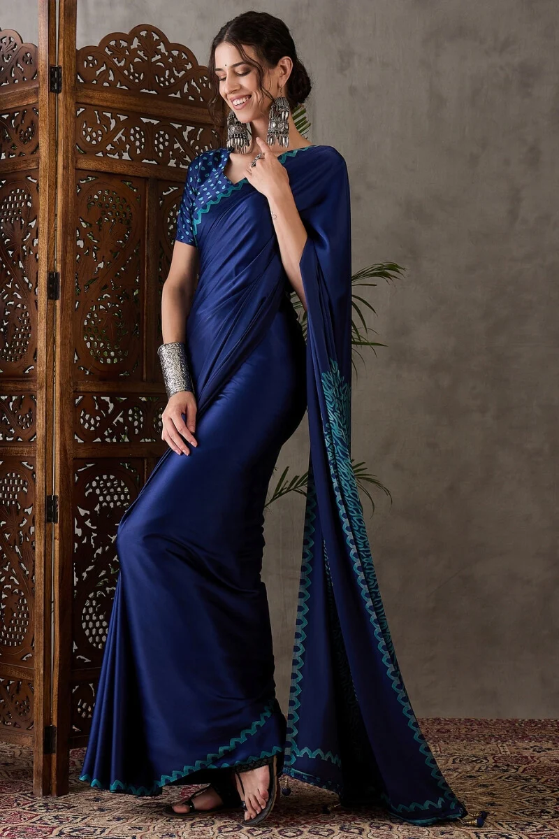 Whimsical Navy Blue Ajrakh Printed Semi Modal Silk Saree With Scrupulous Blouse Piece - Image 3