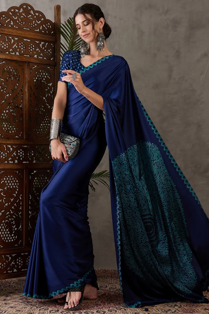 Whimsical Navy Blue Ajrakh Printed Semi Modal Silk Saree With Scrupulous Blouse Piece - Image 5