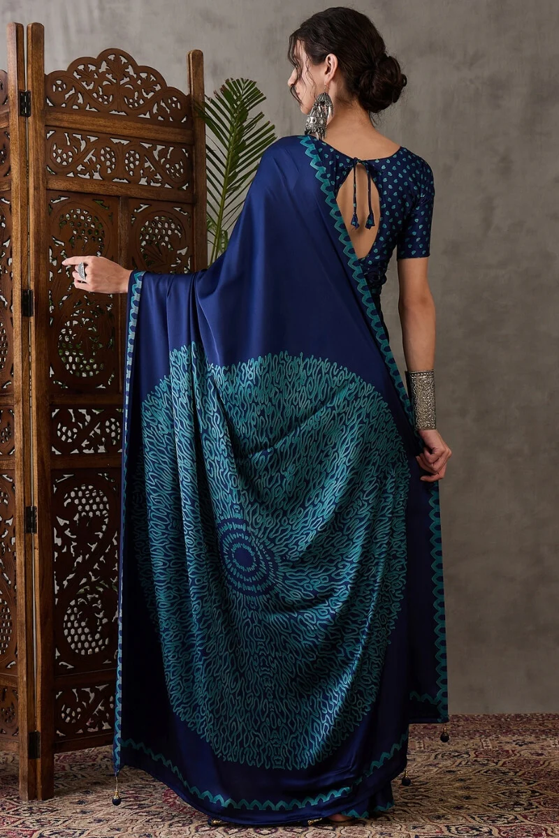 Whimsical Navy Blue Ajrakh Printed Semi Modal Silk Saree With Scrupulous Blouse Piece - Image 7