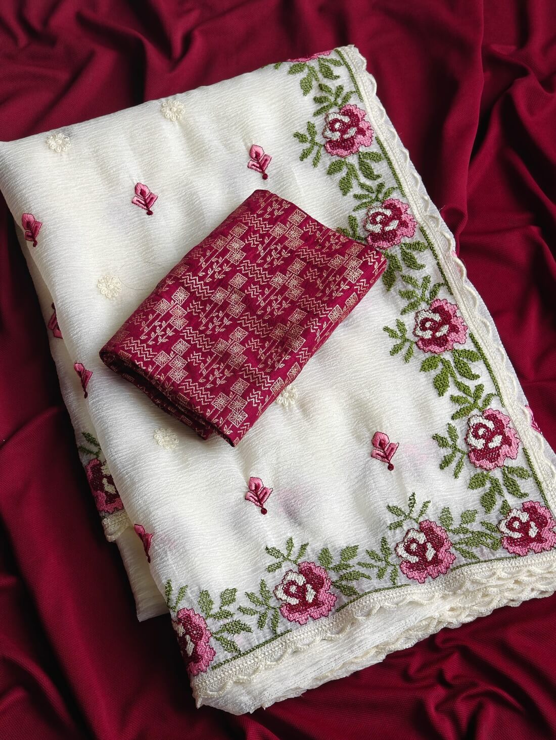 Whimsical Off White Embroidery Work Crush Chiffon Silk Saree With Blissful Blouse Piece - Image 2