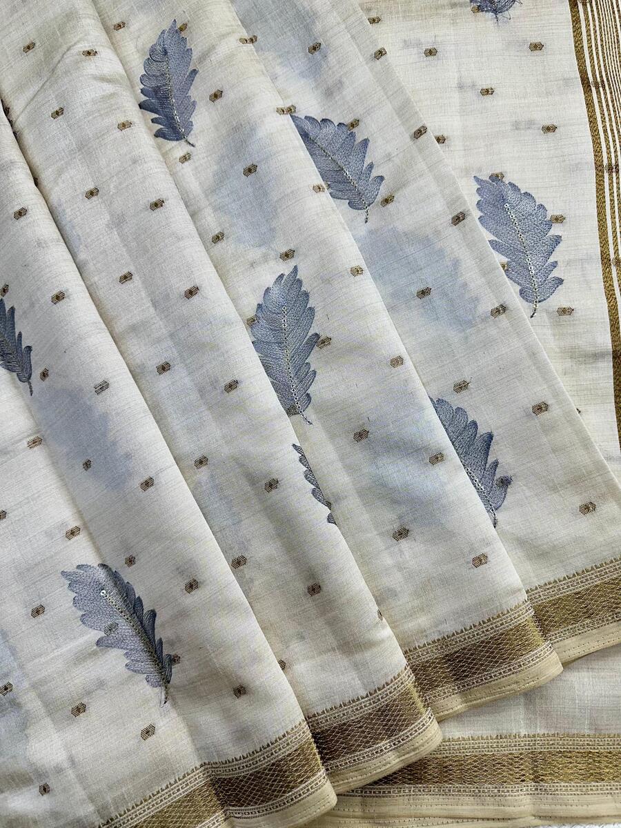 Whimsical Off White Embroidery Work Tussar Silk Saree With Blissful Blouse Piece - Image 3