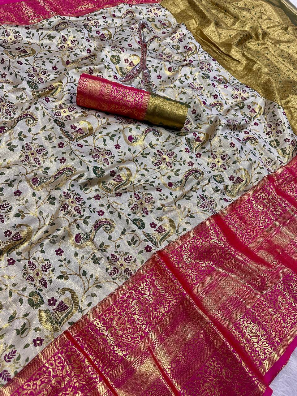 Whimsical Pista Kanjivaram Silk Saree With Charming Blouse Piece - Image 2
