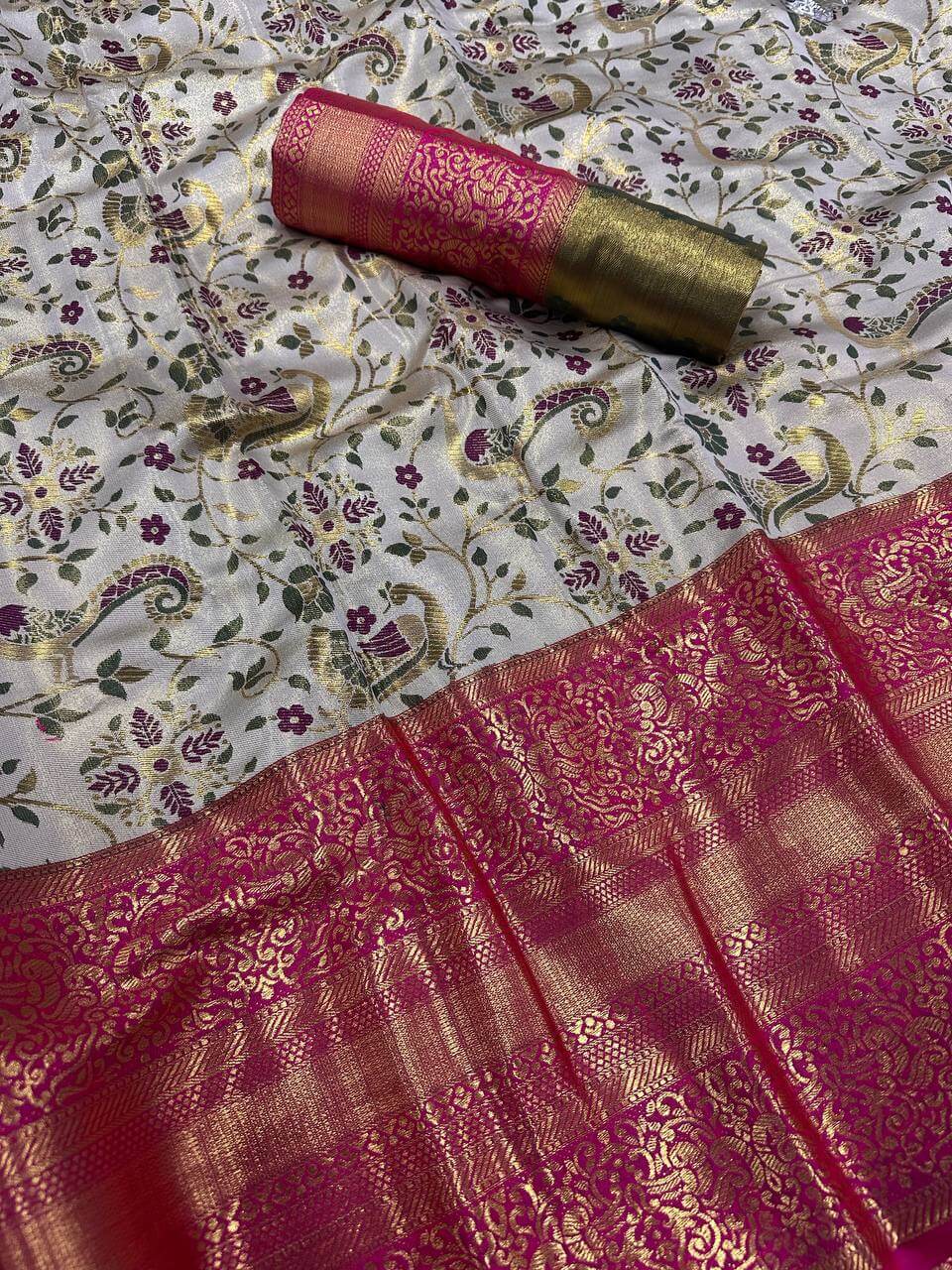 Whimsical Pista Kanjivaram Silk Saree With Charming Blouse Piece - Image 3