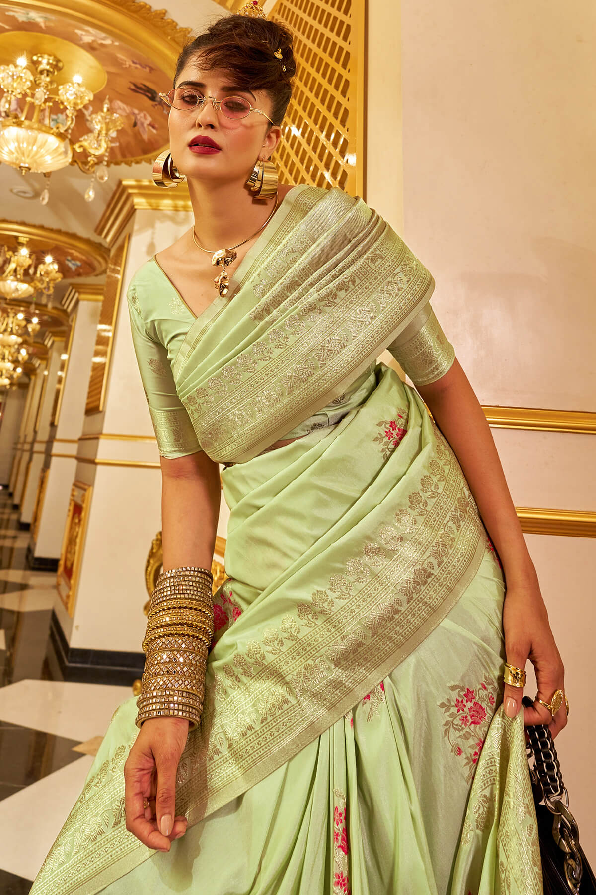 Whimsical Pista Pure Zari Weaving Banarasi Silk Saree With Snazzy Blouse Piece - Image 2