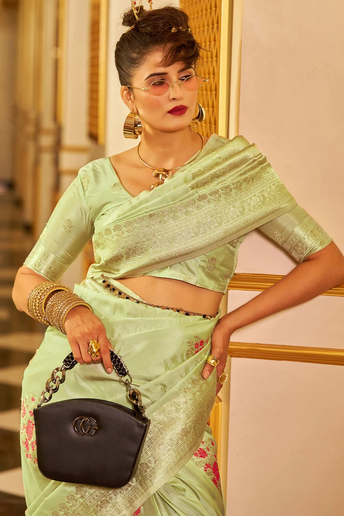 Whimsical Pista Pure Zari Weaving Banarasi Silk Saree With Snazzy Blouse Piece - Image 5