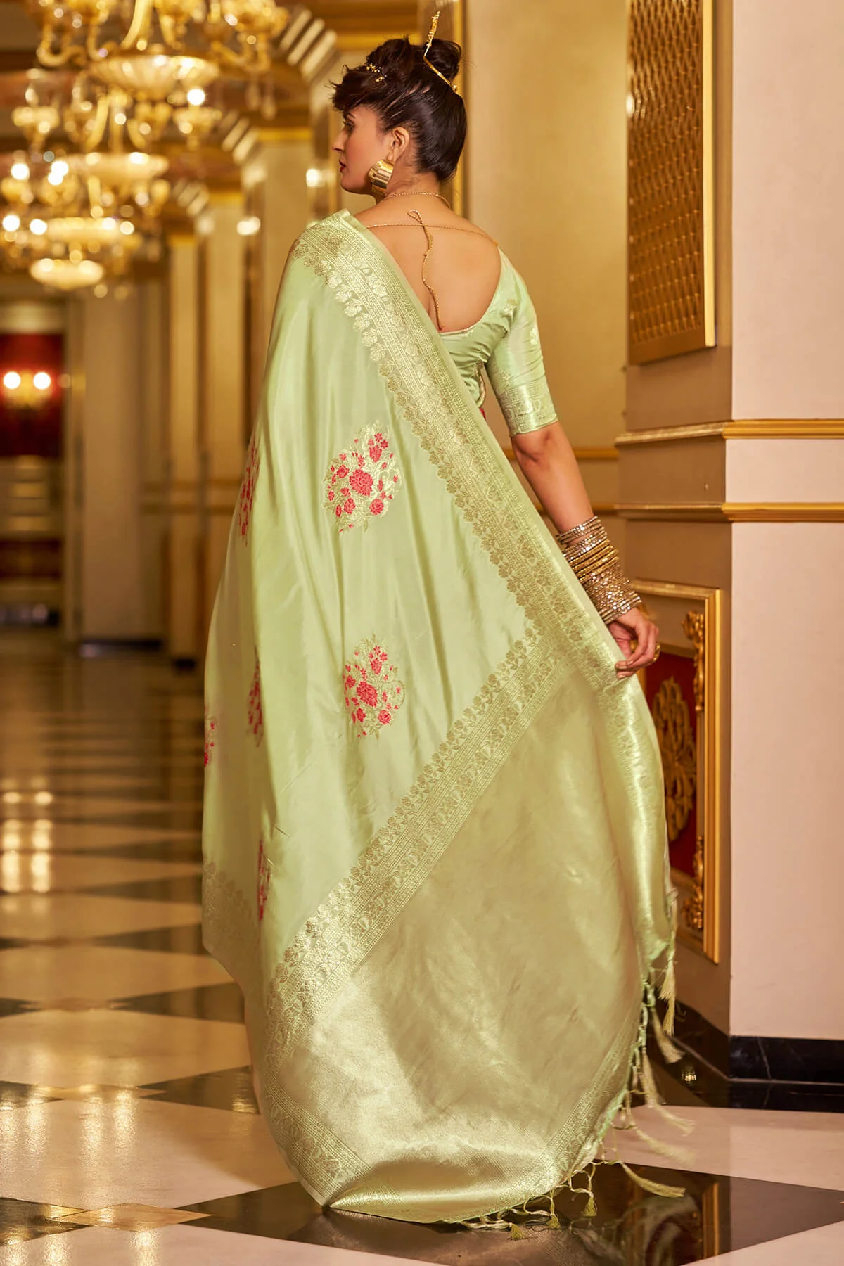 Whimsical Pista Pure Zari Weaving Banarasi Silk Saree With Snazzy Blouse Piece - Image 6