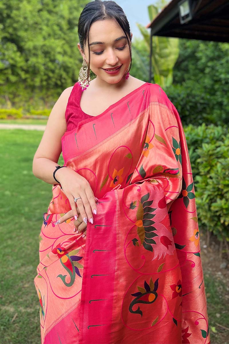Winsome Dark Pink Paithani Silk Saree With Sophisticated Blouse Piece - Image 2