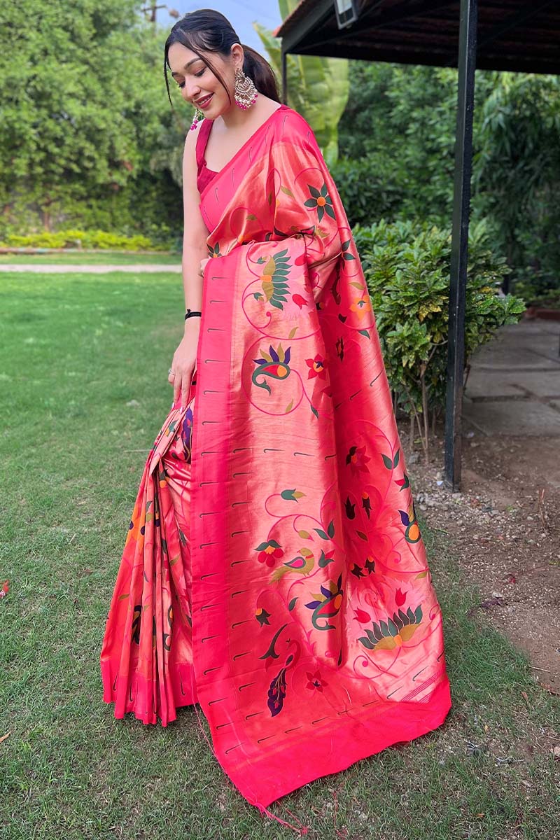 Winsome Dark Pink Paithani Silk Saree With Sophisticated Blouse Piece - Image 3