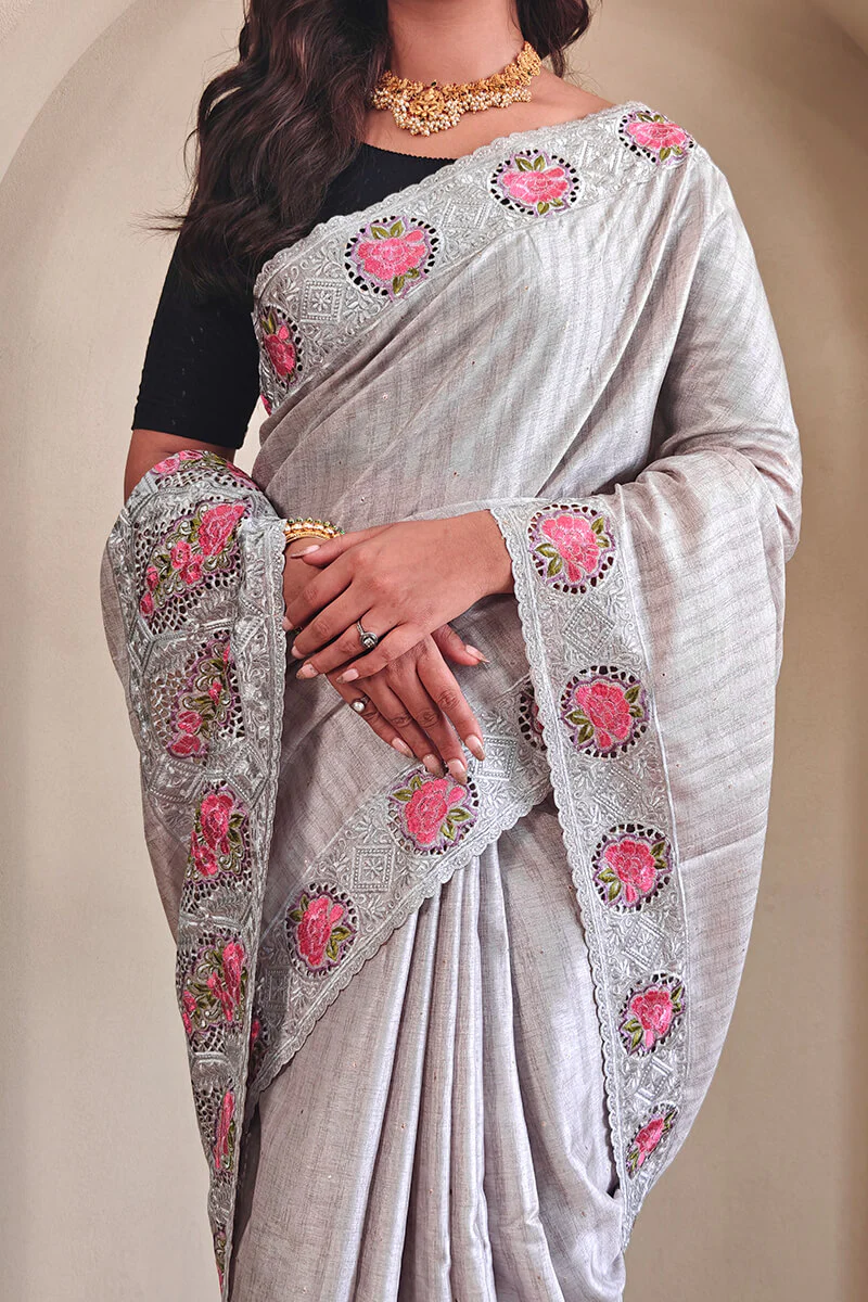 Winsome Grey Embroidery Work Tussar Silk Saree With Lissome Blouse Piece - Image 2