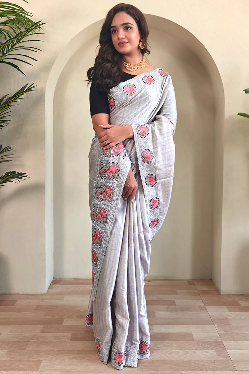 Winsome Grey Embroidery Work Tussar Silk Saree With Lissome Blouse Piece - Image 3