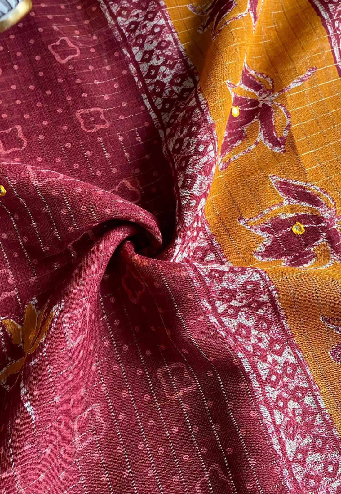 Winsome Maroon Printed Linen Silk Saree With Grandiose Blouse Piece - Image 2