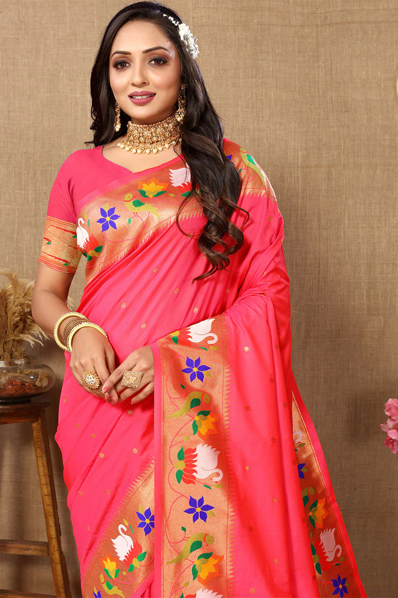 Winsome Pink Paithani Silk Saree With Piquant Blouse Piece - Image 2