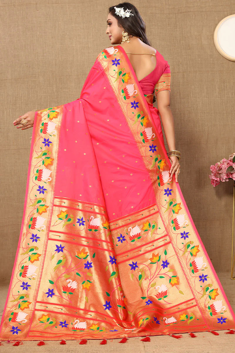 Winsome Pink Paithani Silk Saree With Piquant Blouse Piece - Image 5