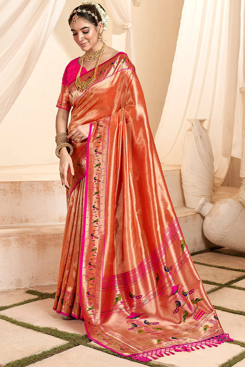 Winsome Red Paithani Silk Saree With Whimsical Blouse Piece - Image 3