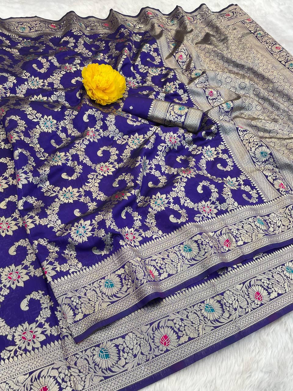 Winsome Royal Blue Soft Banarasi Silk Saree With Adorning Blouse Piece - Image 2