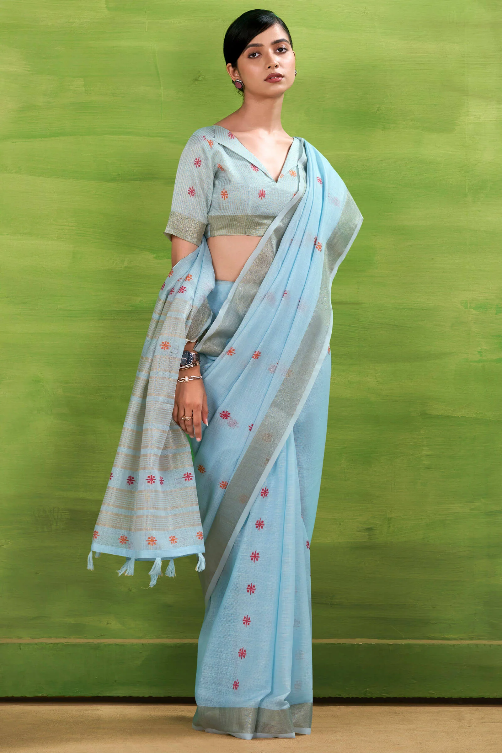 Winsome Sky Cotton Silk Saree With Adorning Blouse Piece - Image 3
