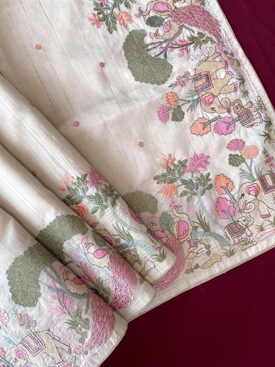 Woebegone Beige Embroidery Work Tussar Silk Saree With Unequalled Blouse Piece - Image 3