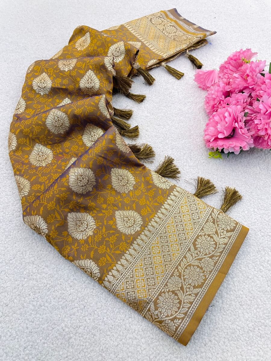 Woebegone Mustard Pure Zari Weaving Banarasi Silk Saree With Enthralling Blouse Piece - Image 2