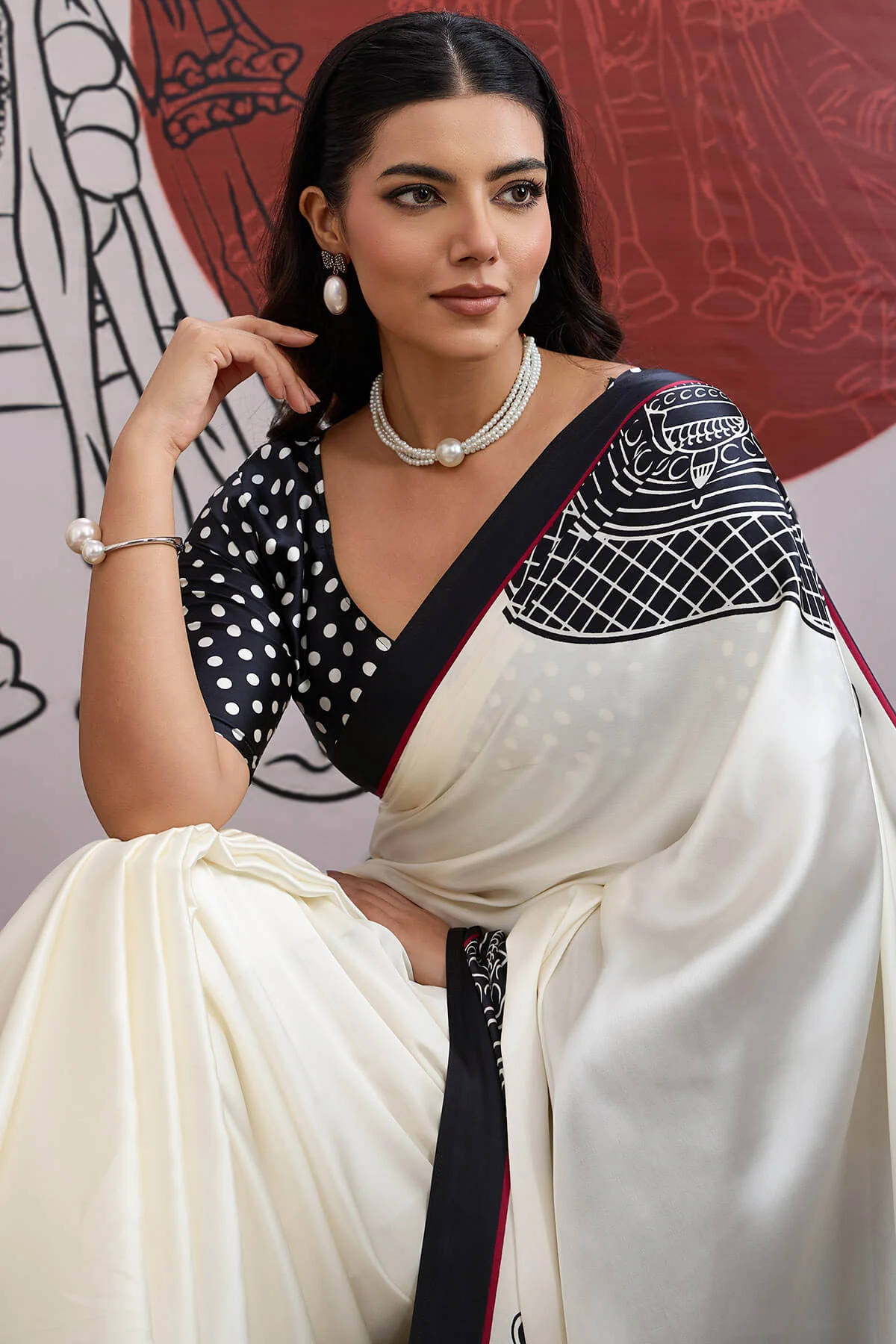 Woebegone Off White and Black Ajrakh Printed Satin Silk Saree With Lovely Blouse Piece - Image 2