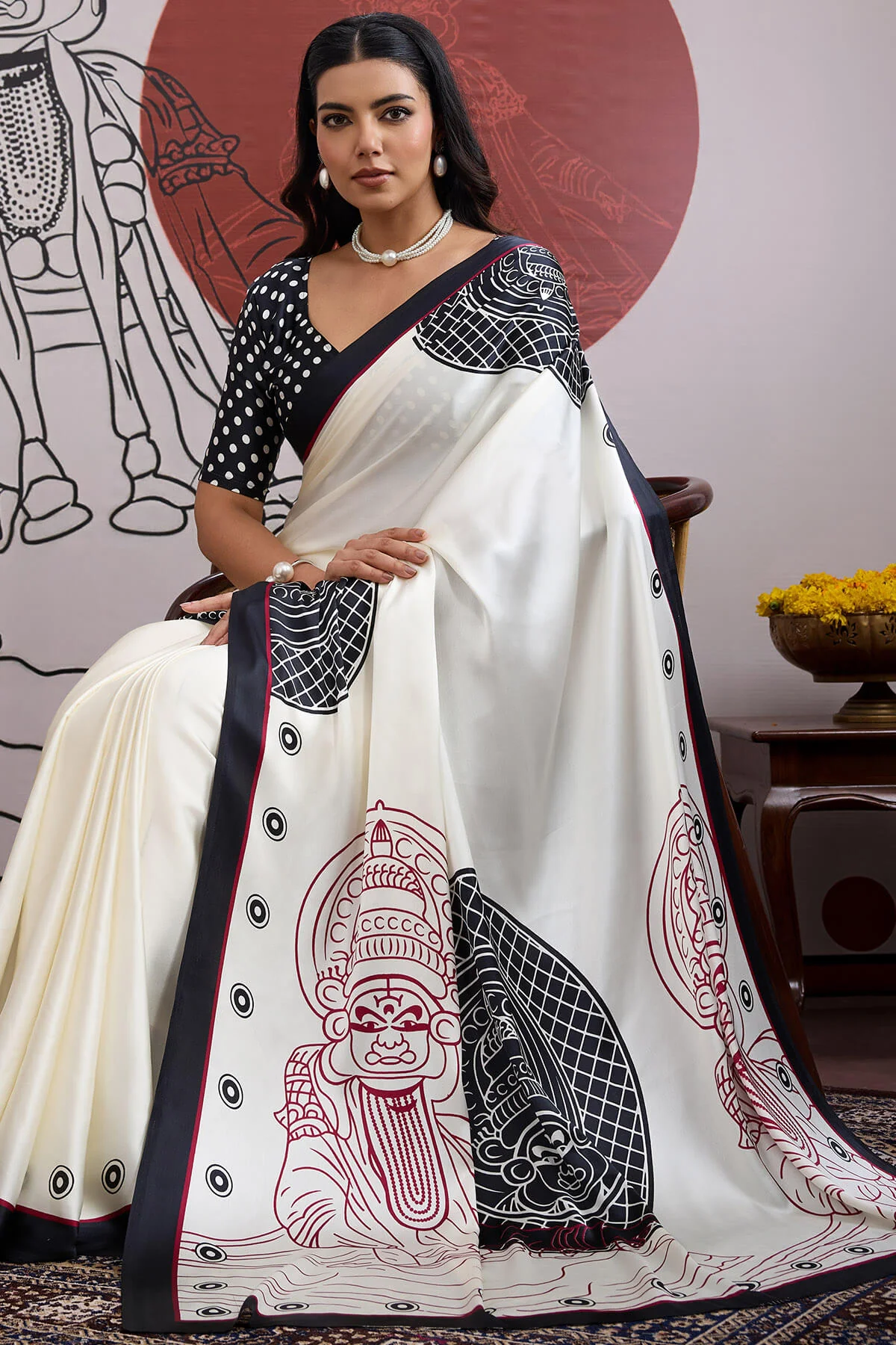 Woebegone Off White and Black Ajrakh Printed Satin Silk Saree With Lovely Blouse Piece - Image 5