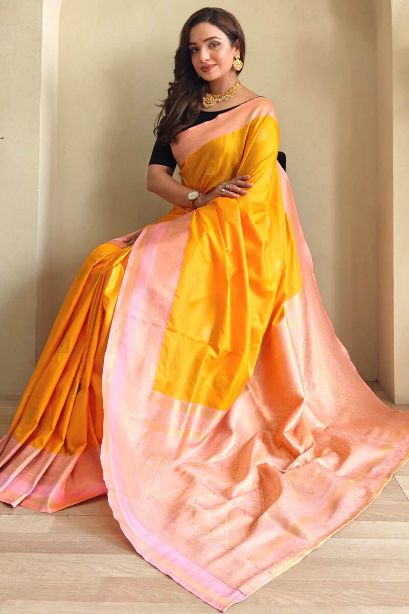 Woebegone Orange Soft Banarasi Silk Saree With Devastating Blouse Piece - Image 2