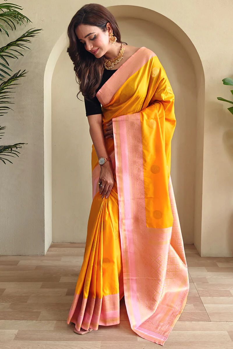 Woebegone Orange Soft Banarasi Silk Saree With Devastating Blouse Piece - Image 3
