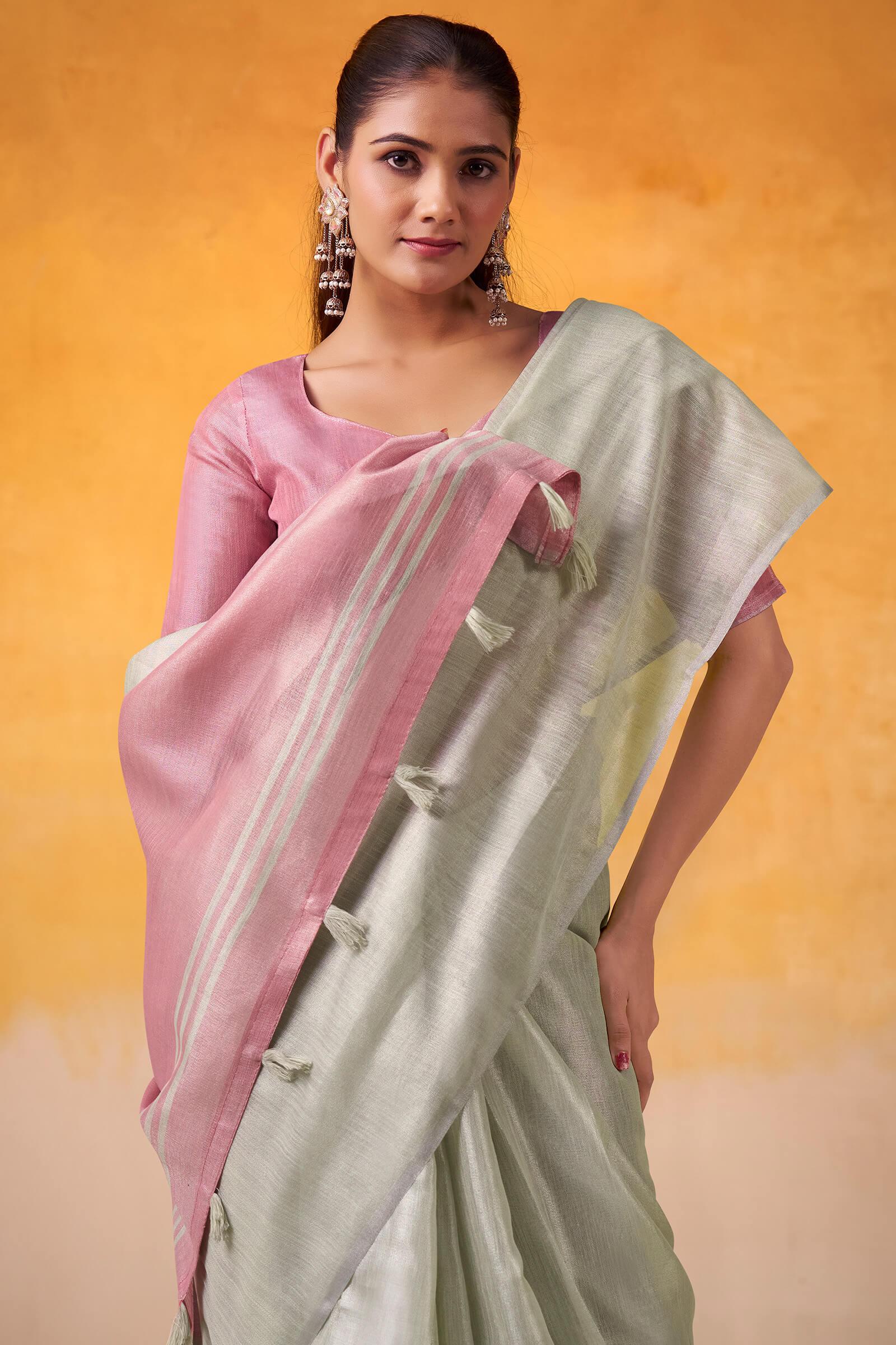 Woebegone Pista Soft Banarasi Tissue Silk Saree With Splendiferous Blouse Piece - Image 2