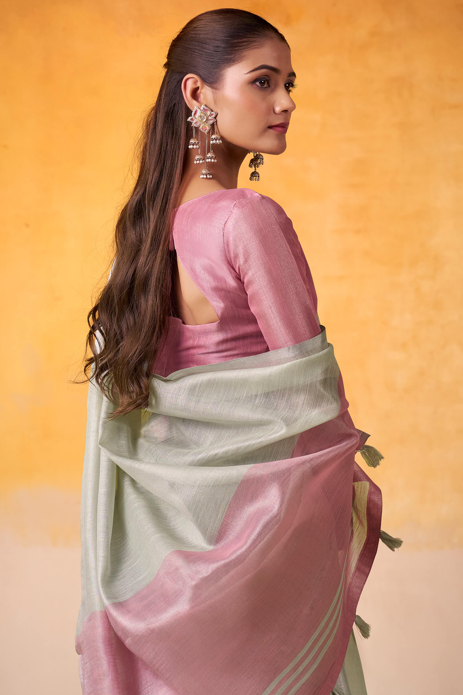 Woebegone Pista Soft Banarasi Tissue Silk Saree With Splendiferous Blouse Piece - Image 3