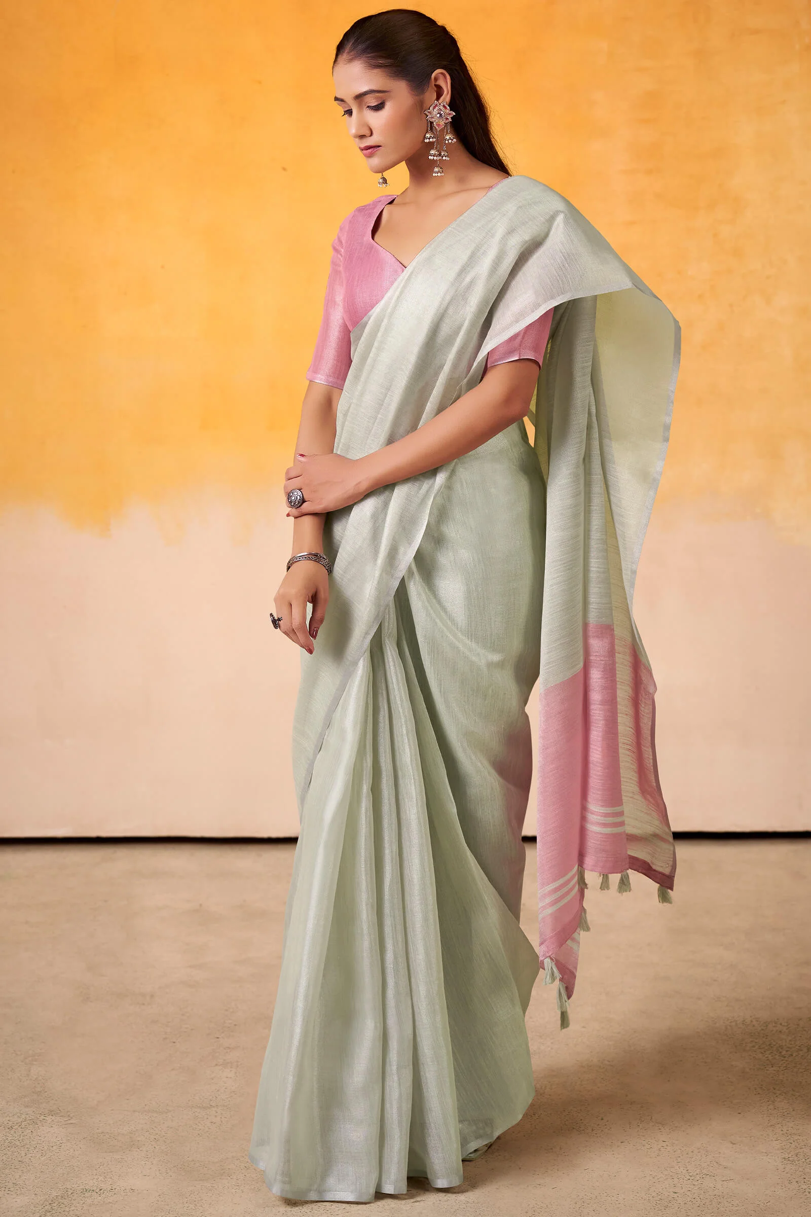 Woebegone Pista Soft Banarasi Tissue Silk Saree With Splendiferous Blouse Piece - Image 4