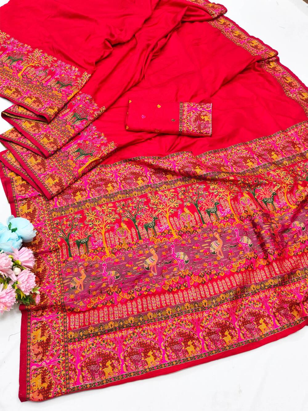 Woebegone Red Nylon Dola Pashmina Saree With Redolent Blouse Piece - Image 5