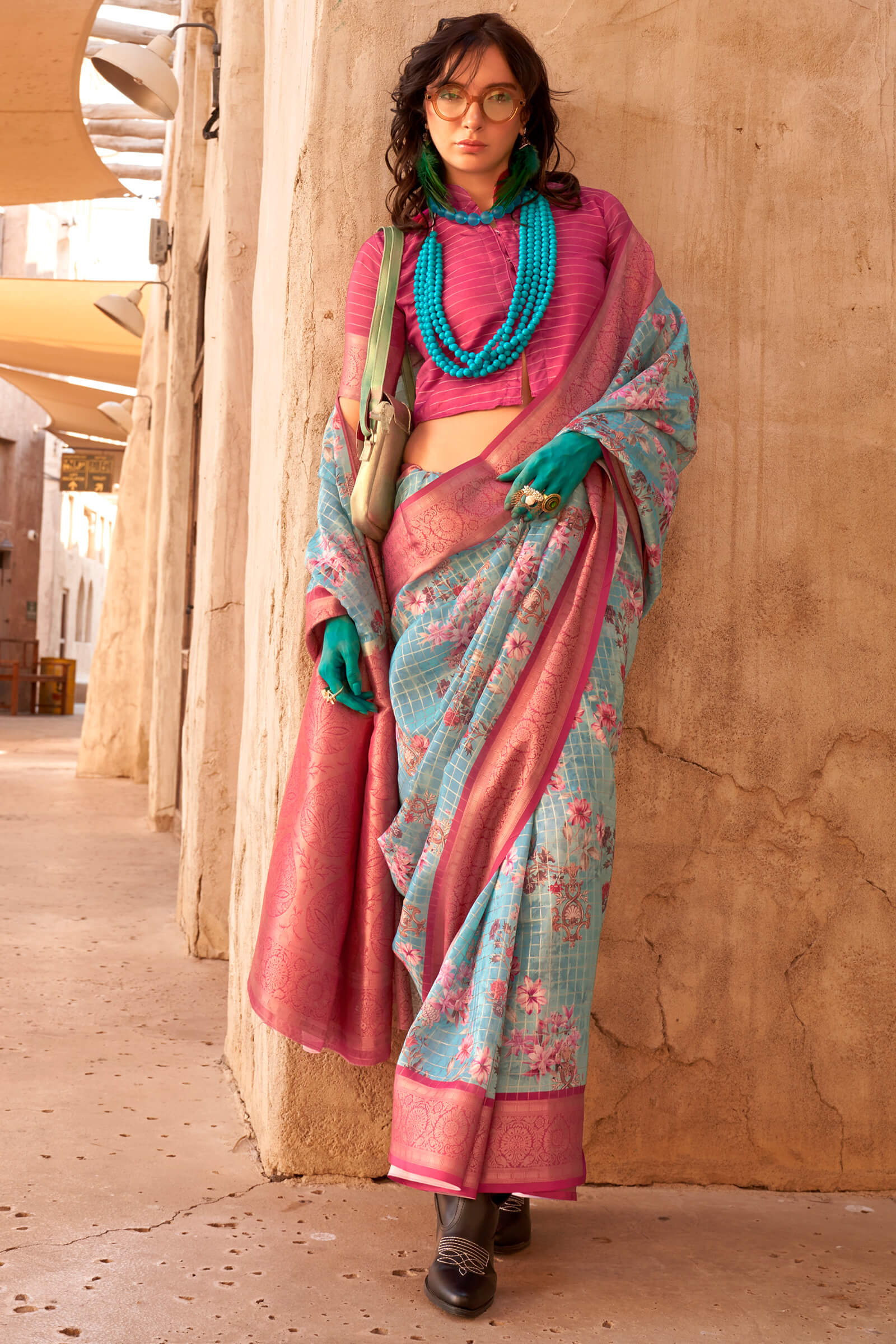 Woebegone Turquoise Digital Printed Cotton Silk Saree With Murmurous Blouse Piece - Image 2