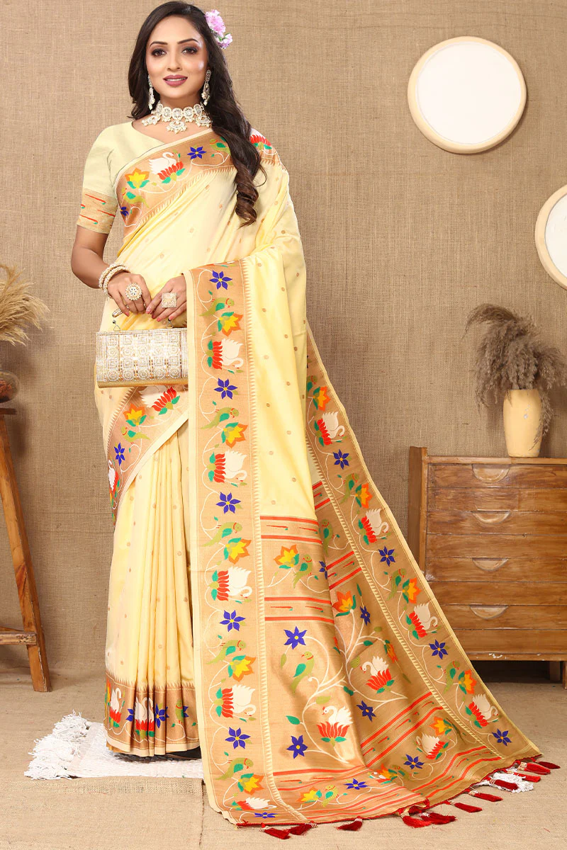 Wonderful Beige Paithani Silk Saree With Classy Blouse Piece - Image 3