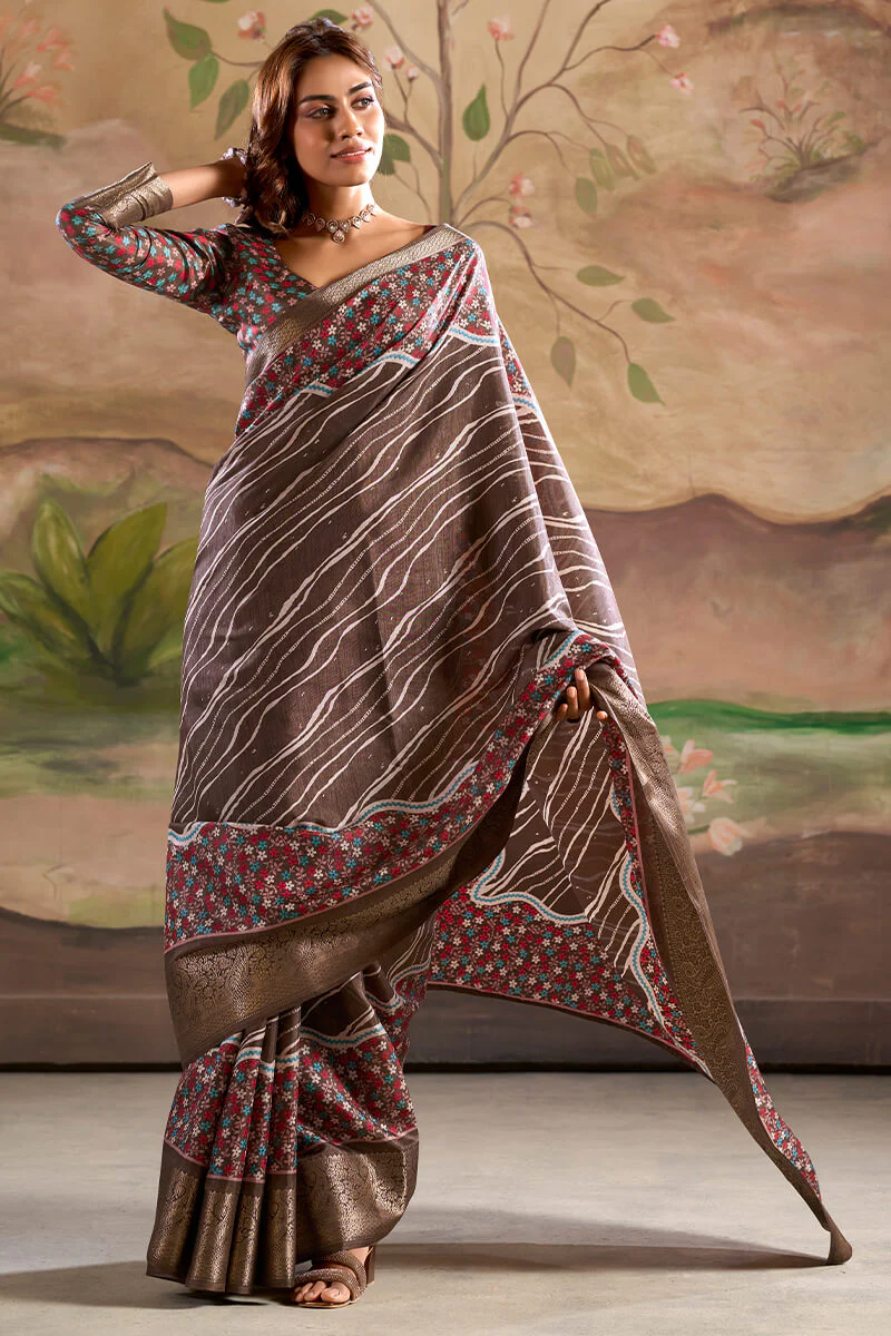 Wonderful Brown Digital Printed Dola Silk Saree With Trendy Blouse Piece - Image 3