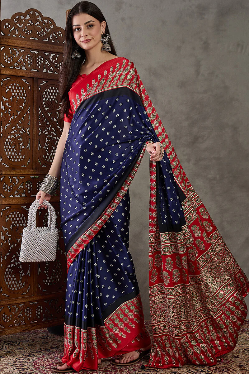 Wonderful Navy Blue Ajrakh Printed Semi Modal Silk Saree With Captivating Blouse Piece - Image 5