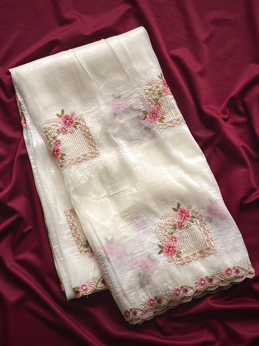 Wonderful Off White Embroidery Work Crush Silk Saree With Inspiring Blouse Piece - Image 2