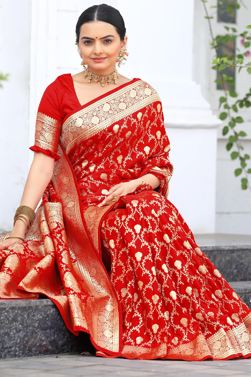 Wonderful Red Soft Banarasi Silk Saree With Dazzling Blouse Piece - Image 3