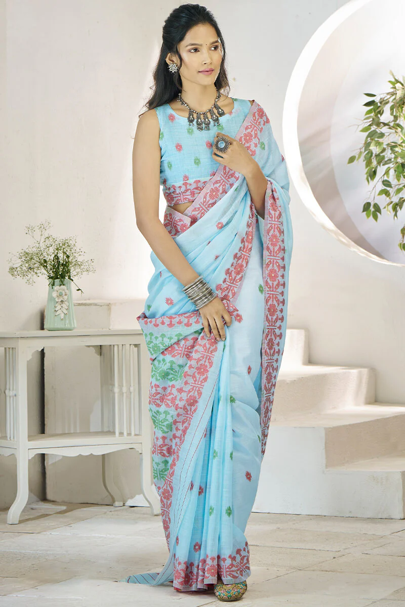 Wonderful Sky Cotton Silk Saree With Amazing Blouse Piece - Image 3